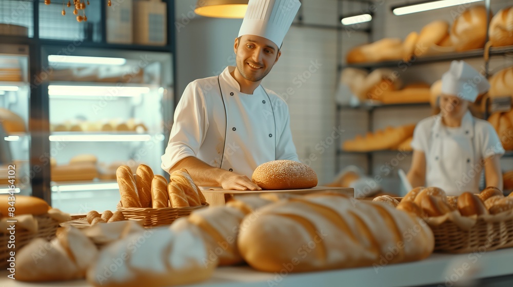 Baker prepares fresh bread in the bakery for sale in shop Baker prepares fresh bread in the bakery for sale in shop