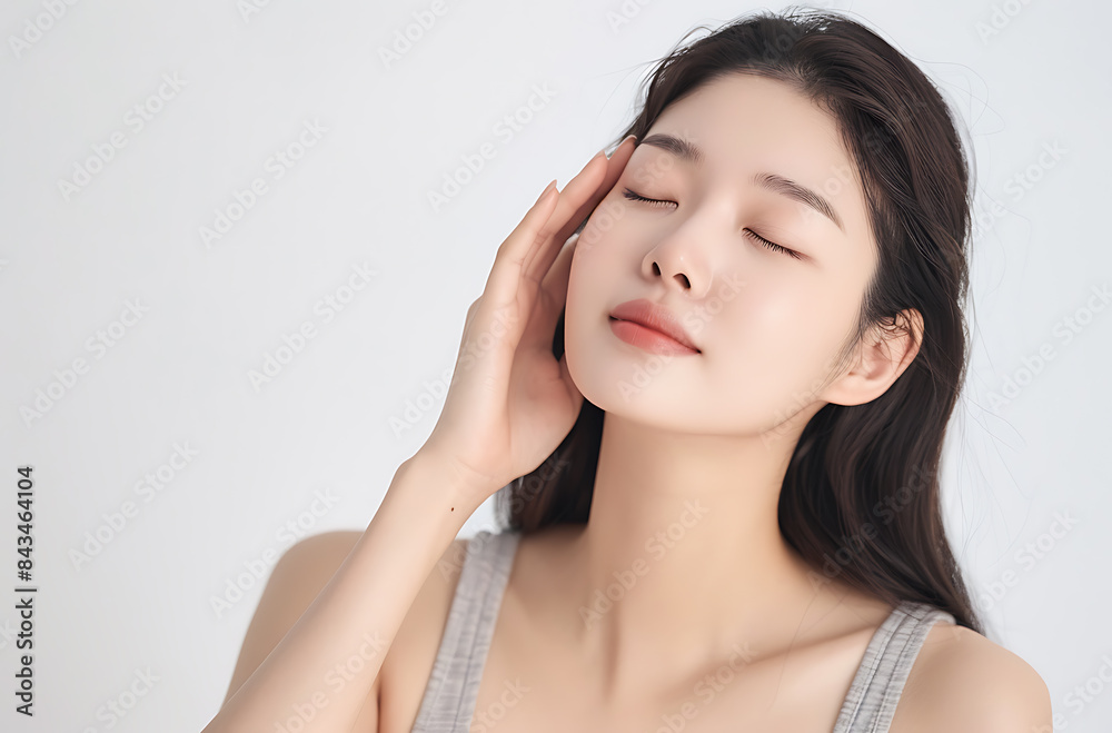 beautiful Korean woman her twenty long hair wearing grey tank top holding one hand side of her face if she gently touching She closed eye convey tranquility or focus something nearby background beautiful Korean woman her twenty long hair wearing grey tank top holding one hand side of her face if she gently touching She closed eye convey tranquility or focus something nearby background