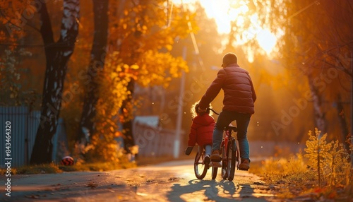 Riding Towards a Happy Childhood: Father Teaches Daughter to Ride a Bike in the Park at Sunset