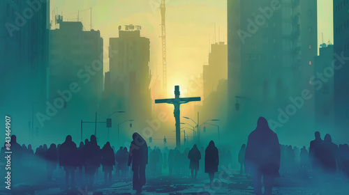 A digital painting depicting Jesus on the cross in a modern city setting. Silhouettes of people walk through a foggy street towards the cross, silhouetted against a sunrise photo