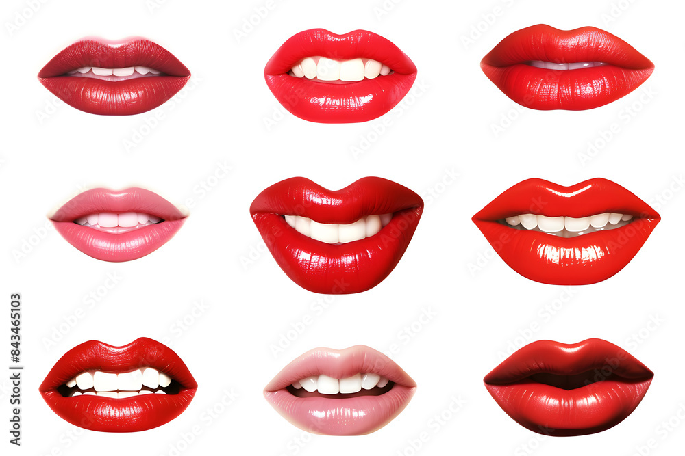 Collection of woman's mouths with red glossy lips smiling isolated on a white background
