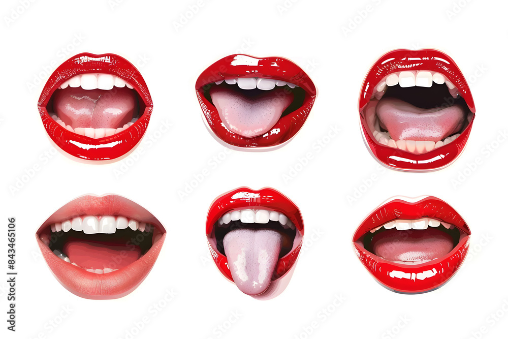 Fototapeta premium Collection of woman's mouths with red glossy lips smiling isolated on a white background