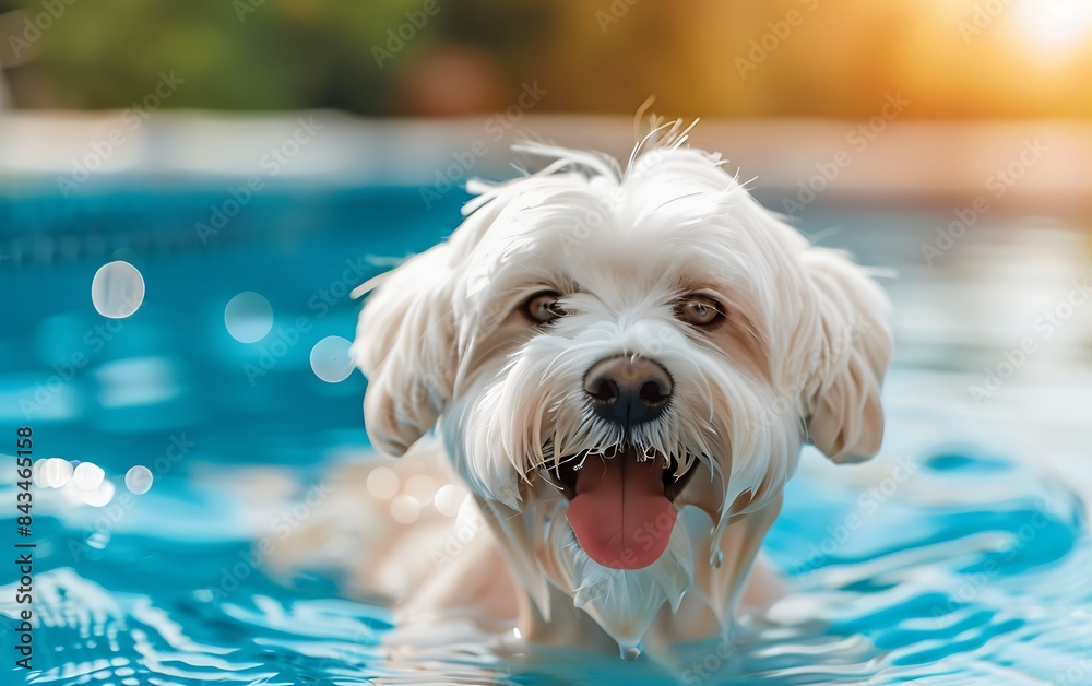A dog swimming in an outdoor pool during the summer. A dog swimming in an outdoor pool during the summer.