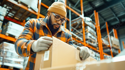 A warehouse worker in a plaid shirt and beanie meticulously inspects a cardboard box, focusing on its contents and ensuring proper packaging © Anoo