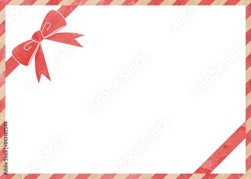 りぼんのラッピング風フレーム、クリスマスカラー、水彩風