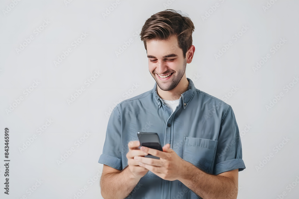 Happy caucasian young man using smart phone cellphone for calls and texting, isolated on white background Happy caucasian young man using smart phone cellphone for calls and texting, isolated on white background