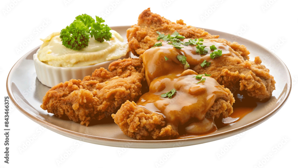 A plate of crispy fried chicken with mashed potatoes and gravy. isolated on Transparent background. A plate of crispy fried chicken with mashed potatoes and gravy. isolated on Transparent background.