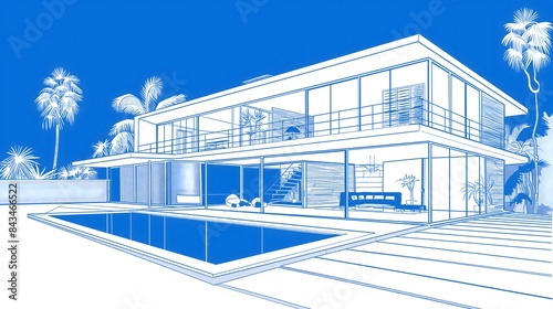 Blue outline of a modern house blueprint