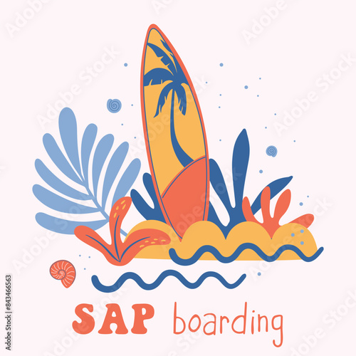 Vintage surfboard on the beach. Summer travel destination and water sport activity. Colorful retro style vector illustration for branding, print, social media post.