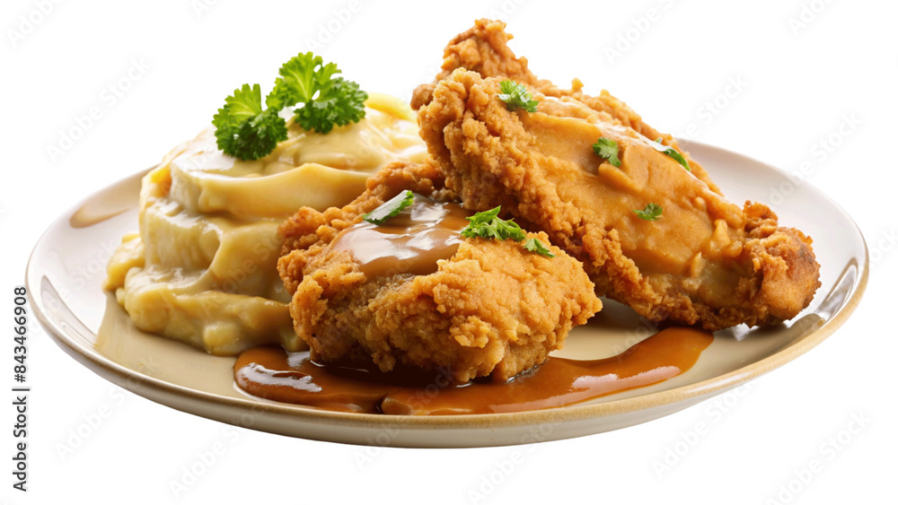 A plate of crispy fried chicken with mashed potatoes and gravy. isolated on Transparent background. A plate of crispy fried chicken with mashed potatoes and gravy. isolated on Transparent background.