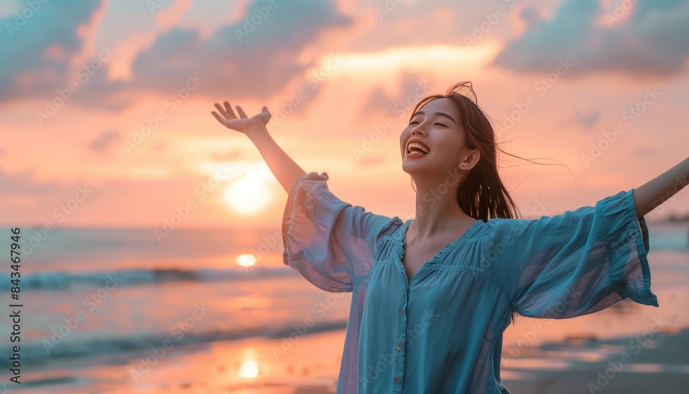 Sunset Serenity: Embracing Freedom and Happiness at the Beach Sunset Serenity: Embracing Freedom and Happiness at the Beach