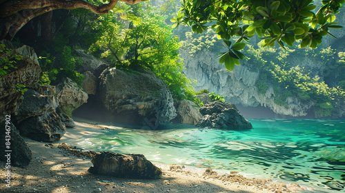 Secluded cove on a remote island, surrounded by dramatic cliffs and lush greenery, offering a tranquil escape from the hustle and bustle of everyday life.