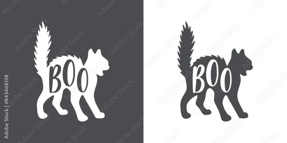 Fototapeta premium Logo con gato de bruja para invitaciones y tarjetas de Halloween. Silueta de gato enojado arqueando su espalda con palabra Boo
