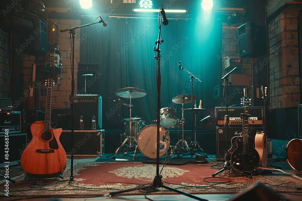 Fototapeta premium A small stage with a drum set, two guitars, and microphones set up for a performance. The stage is lit with green lights. Generative AI