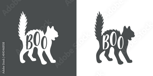 Logo con gato de bruja para invitaciones y tarjetas de Halloween. Silueta de gato enojado arqueando su espalda con palabra Boo