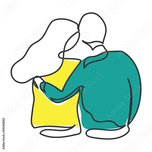 hand drawn line art vector of a couple sitting together calmly.