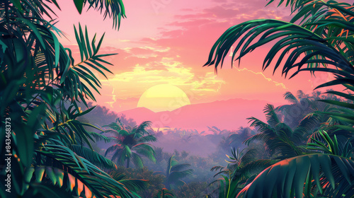 Tropical summer background with palm trees, sky, and sunset