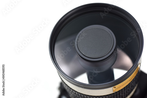 Close up of the front of Mirror Lens(or reflex lens), 500mm.  super telephoto on white background. photo