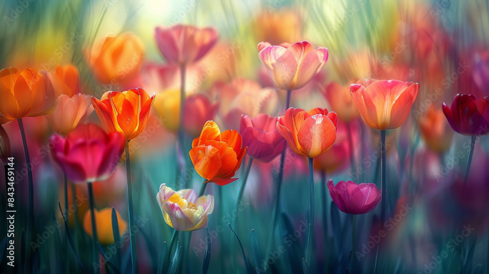 A field of flowers with a blue sky in the background A field of flowers with a blue sky in the background
