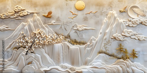Volumetric stucco molding on a concrete wall with golden elements, Japanese landscape