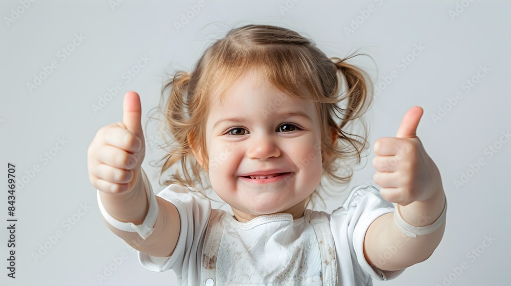 Cheerful Toddler Girl Giving Thumbs Up on White Background with Copy Space