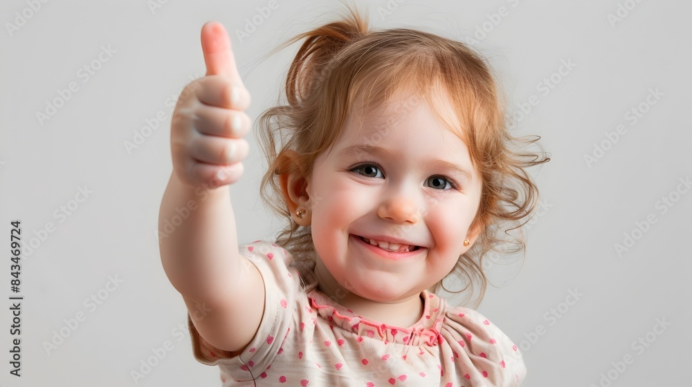 Cheerful Toddler Girl Giving Thumbs Up on White Background with Copy Space Cheerful Toddler Girl Giving Thumbs Up on White Background with Copy Space