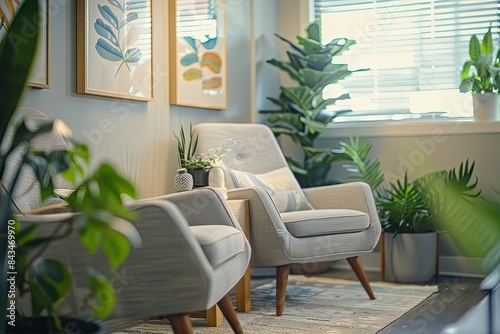 A well-lit therapy office with two comfortable chairs, a small table, and several plants. Generative AI