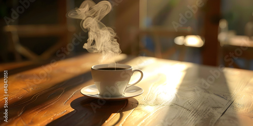 the Cup of hot tea coffee frothy cappuccino and saucer with steam rising above it created with stands on wooden windowsill A cup of fragrant cappuccino on the table close-up.