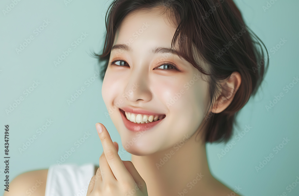 beautiful Korean woman her thirty smiling pointing upper left side of her mouth one finger wearing white background color should light green or gray blue creating atmosphere feel like set indoors beautiful Korean woman her thirty smiling pointing upper left side of her mouth one finger wearing white background color should light green or gray blue creating atmosphere feel like set indoors