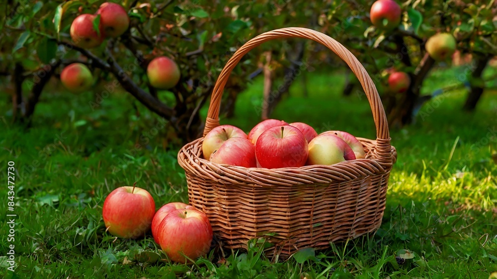 Apples in wooden baskets in the orchard ready for sale Apples in wooden baskets in the orchard ready for sale