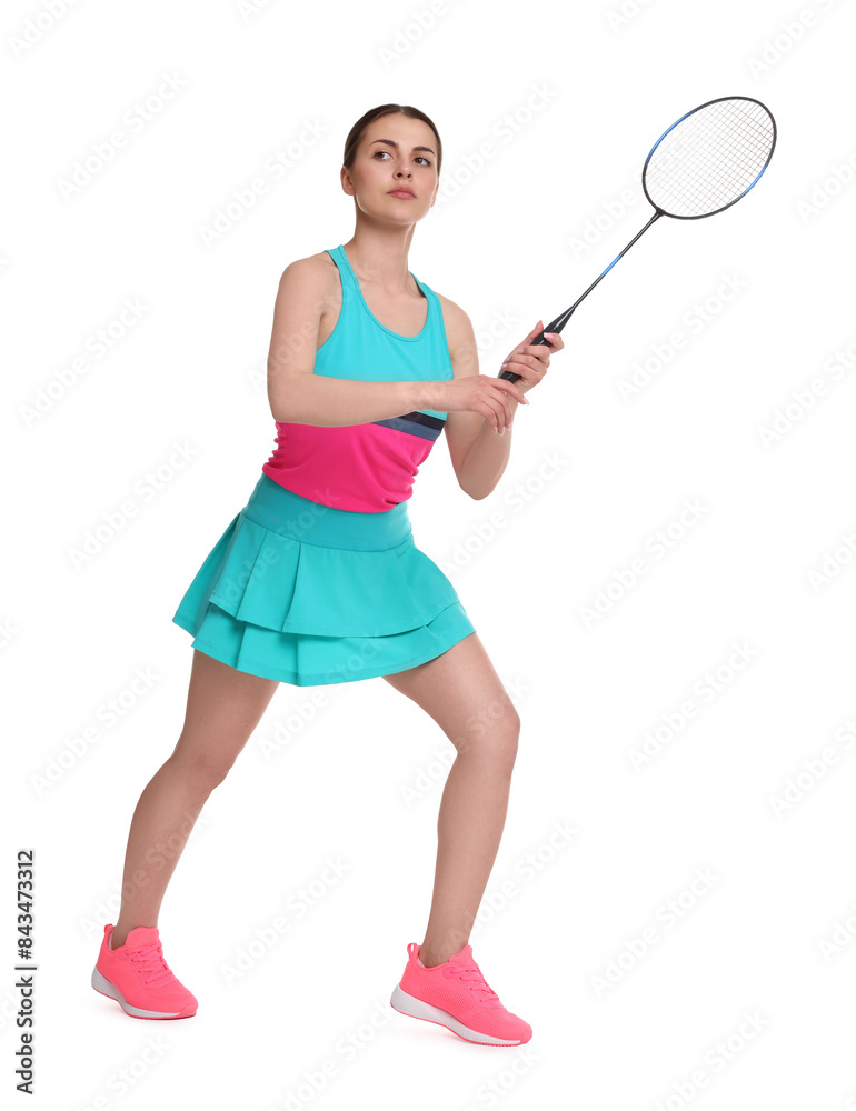 Young woman playing badminton with racket on white background Young woman playing badminton with racket on white background