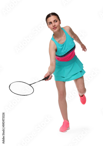 Young woman playing badminton with racket on white background © New Africa