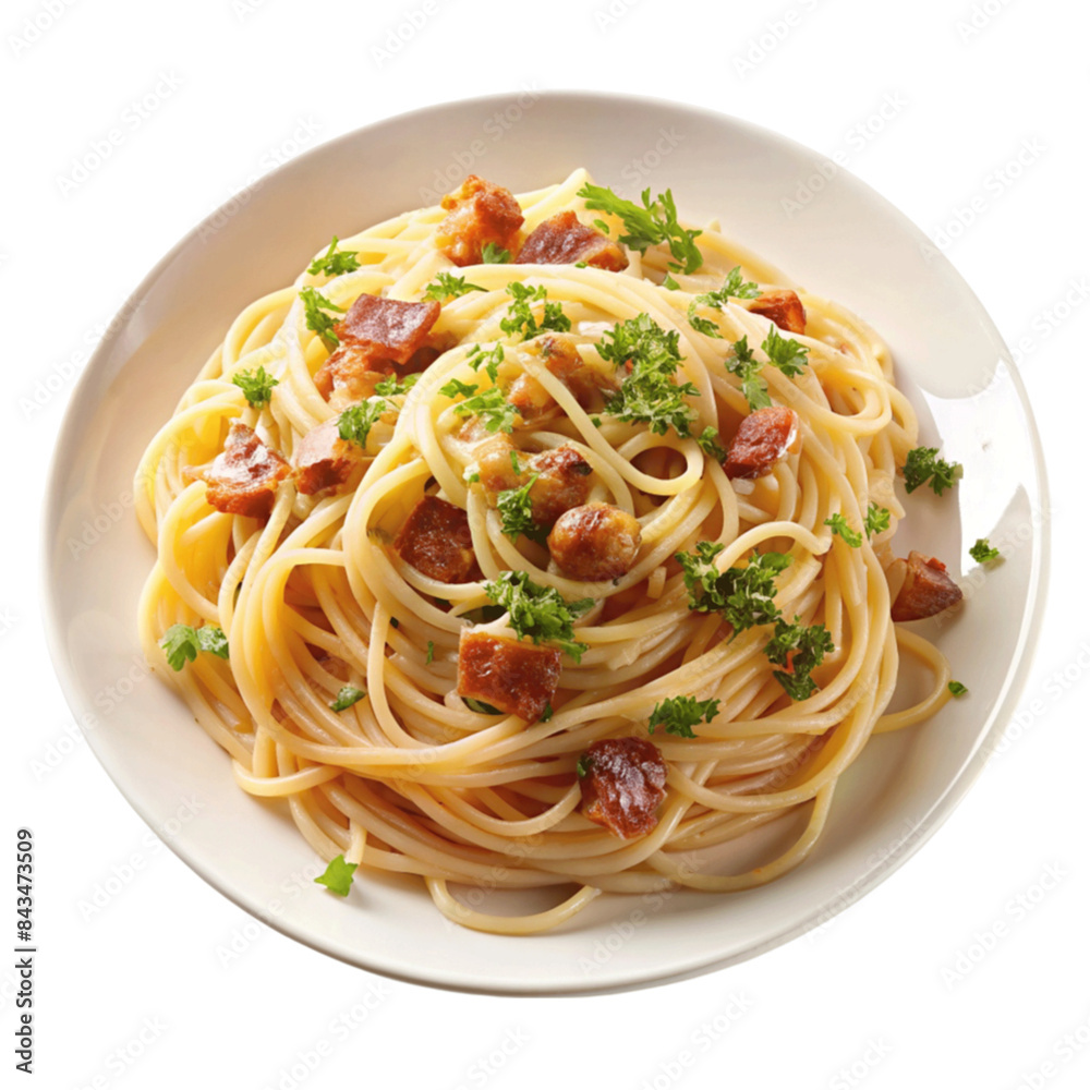 Plate of spaghetti carbonara garnished with parsley. isolated on Transparent background. Plate of spaghetti carbonara garnished with parsley. isolated on Transparent background.