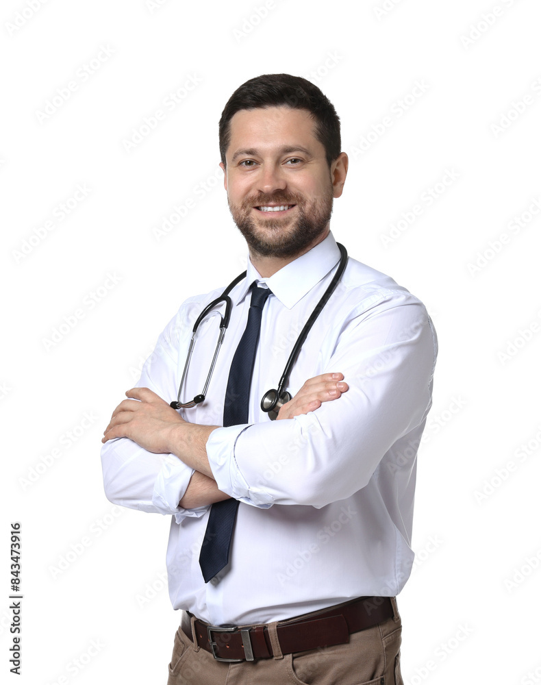 Portrait of happy doctor with stethoscope on white background Portrait of happy doctor with stethoscope on white background
