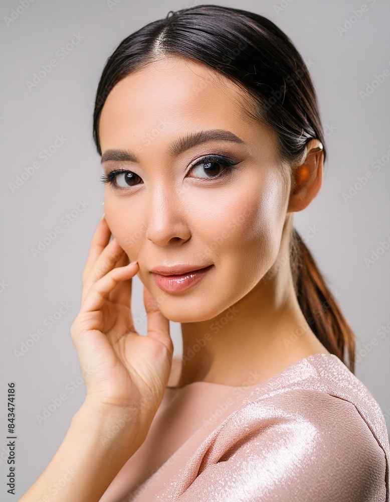 Elegant Asian woman in her thirties posing for a skincare ad in pink top