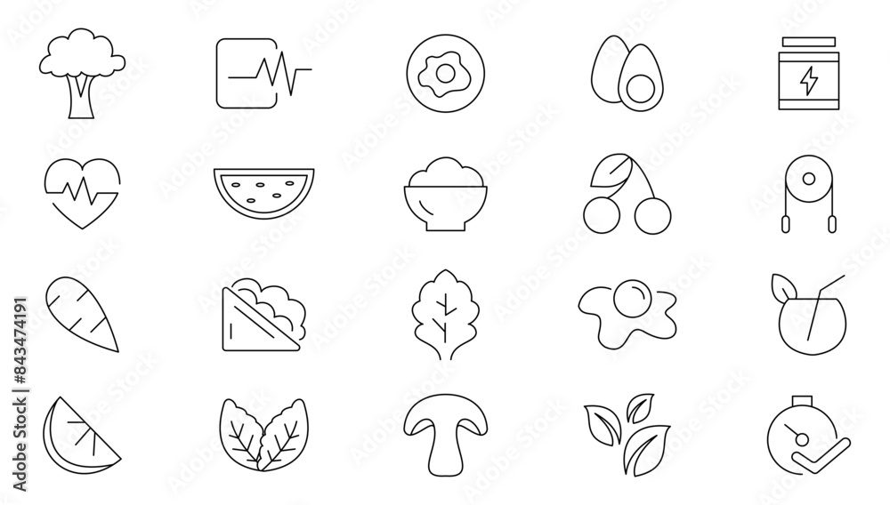Nutrition and healthy food icons set. Detox Diet, Metabolism, Caunt Calories, Palm oil free, Zero thans fat, Probiotics, vegetables line icon pack. Outline icons collection. Nutrition and healthy food icons set. Detox Diet, Metabolism, Caunt Calories, Palm oil free, Zero thans fat, Probiotics, vegetables line icon pack. Outline icons collection.