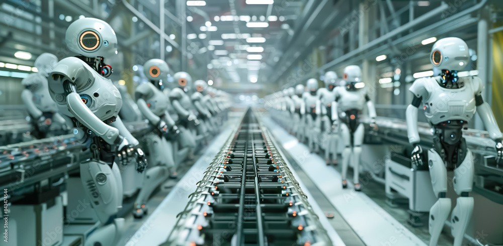 Robotic autonomous humanoid on production line.machine learning and innovation technology.disruption and globalization concepts Robotic autonomous humanoid on production line.machine learning and innovation technology.disruption and globalization concepts