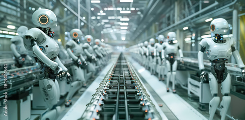 Robotic autonomous humanoid on production line.machine learning and innovation technology.disruption and globalization concepts