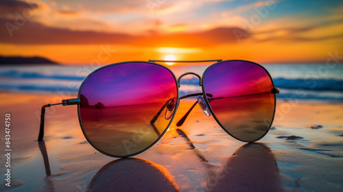 Sunglasses Reflecting a Golden Sunset on the Sandy Beach