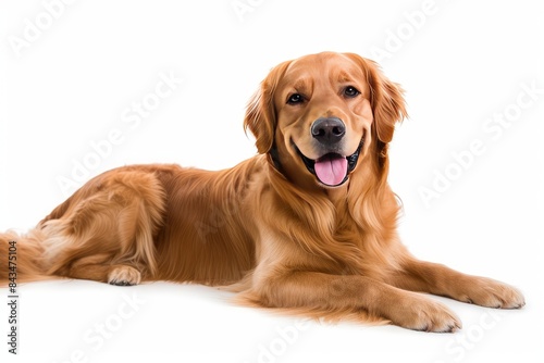 Golden Retriever with Bright Smile and a Happy Tail Wag: A Golden Retriever with a bright smile and a happy tail wag, radiating happiness and enthusiasm. photo on white isolated background
