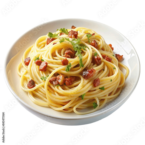 Plate of spaghetti carbonara garnished with parsley. isolated on Transparent background.