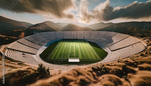 Soccer Stadium in Mountains with Green Grass, Golden Hour Light, High Angle