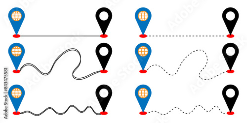Straight line and Dashed line arrow route path vector concept of creating route from point.
