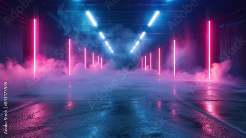 Wallpaper Mural Empty dark street with neon spotlights and smoke, ideal for product displays. Torontodigital.ca