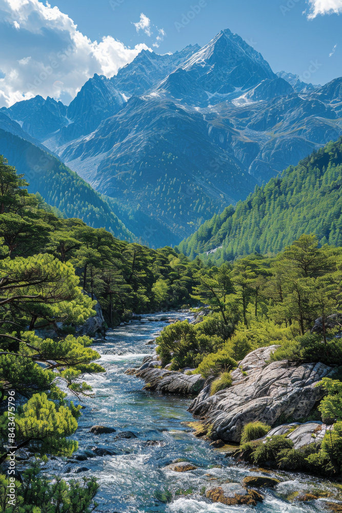 Obraz premium Explore a serene mountain valley with rugged peaks, lush forests, and winding rivers. Nature at its most magnificent.