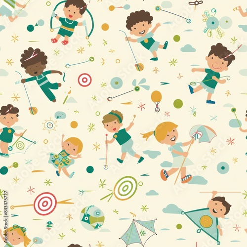 A playful, seamless pattern of cartoon-style kids playing with kites, balls, and hula hoops, in pastel shades of sky blue, grass green, and sunshine yellow, on a light tan background