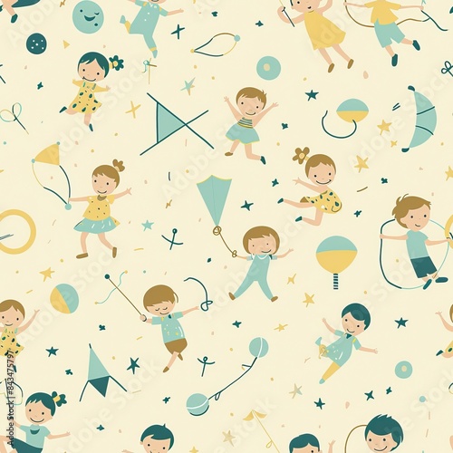 A playful, seamless pattern of cartoon-style kids playing with kites, balls, and hula hoops, in pastel shades of sky blue, grass green, and sunshine yellow, on a light tan background