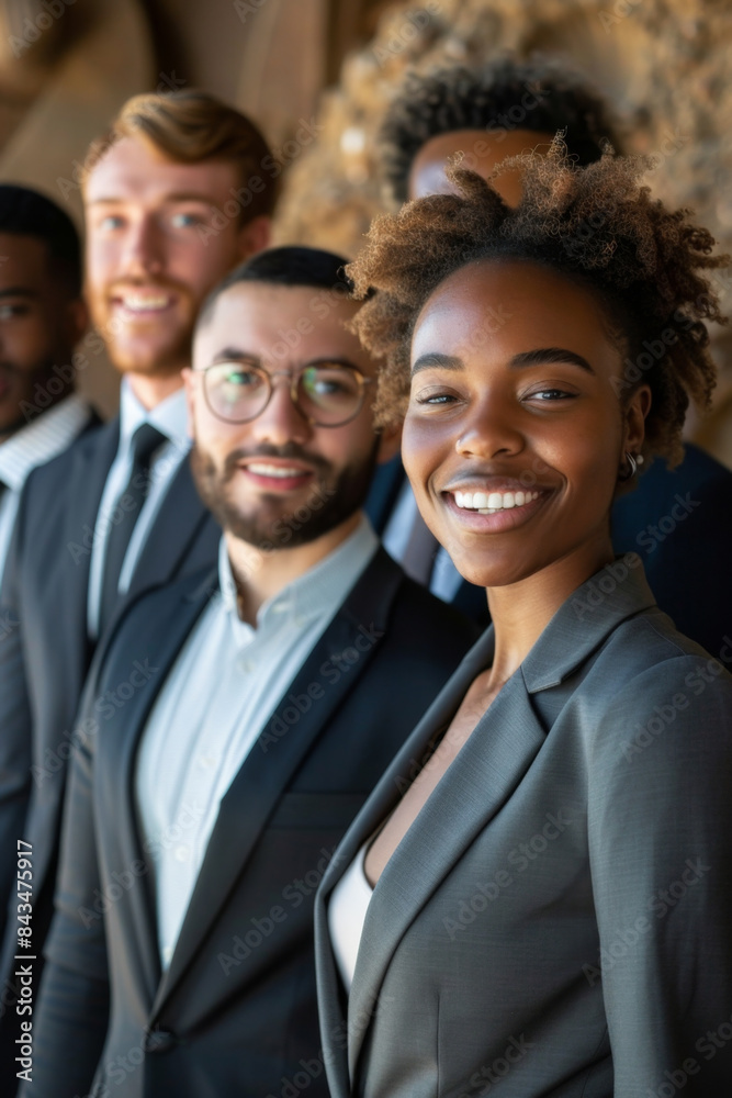 Confident business professionals in formal attire demonstrate teamwork and inclusivity through their smiles. Confident business professionals in formal attire demonstrate teamwork and inclusivity through their smiles.