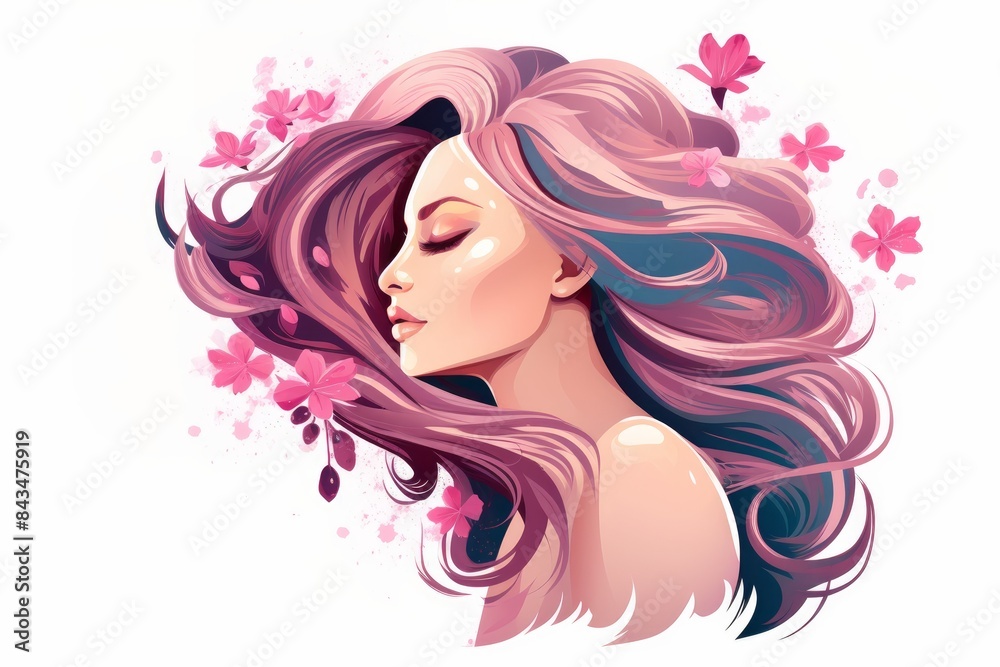 A beautiful girl with flowers in her long hair, a simple flat illustration in pink tones on a white isolated background. Design concept for beauty salons, cosmetics, hairdressing, fashion, logo. A beautiful girl with flowers in her long hair, a simple flat illustration in pink tones on a white isolated background. Design concept for beauty salons, cosmetics, hairdressing, fashion, logo.