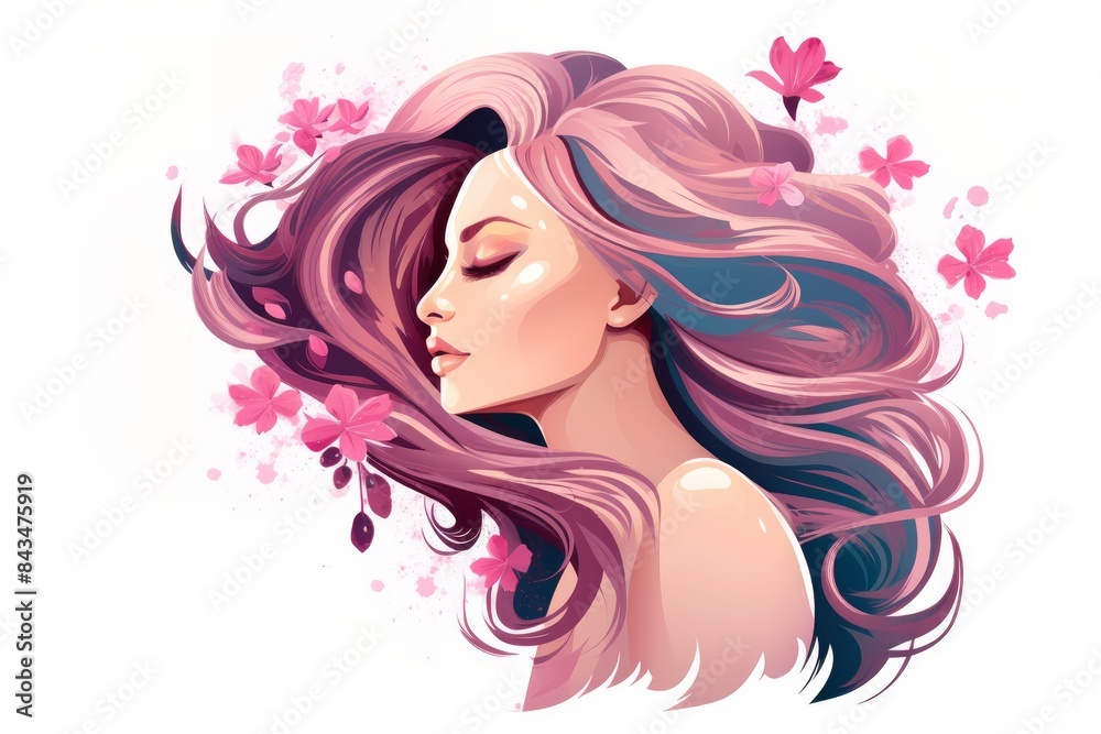 A beautiful girl with flowers in her long hair, a simple flat illustration in pink tones on a white isolated background. Design concept for beauty salons, cosmetics, hairdressing, fashion, logo. 